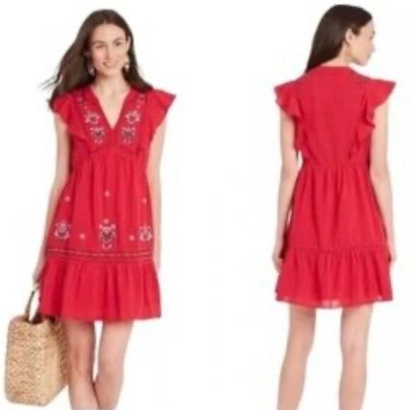 Knox Rose Bonfire Deep V Empire Waist Embroidered Midi Dress Red Size Large - Picture 14 of 14